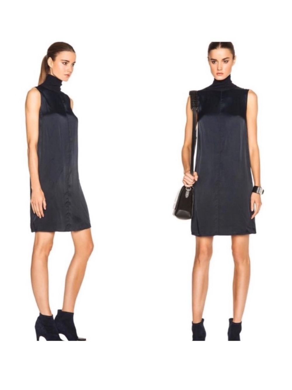 rag & bone Vivienne Turtleneck Silk Shift Dress Navy Merino Trim M